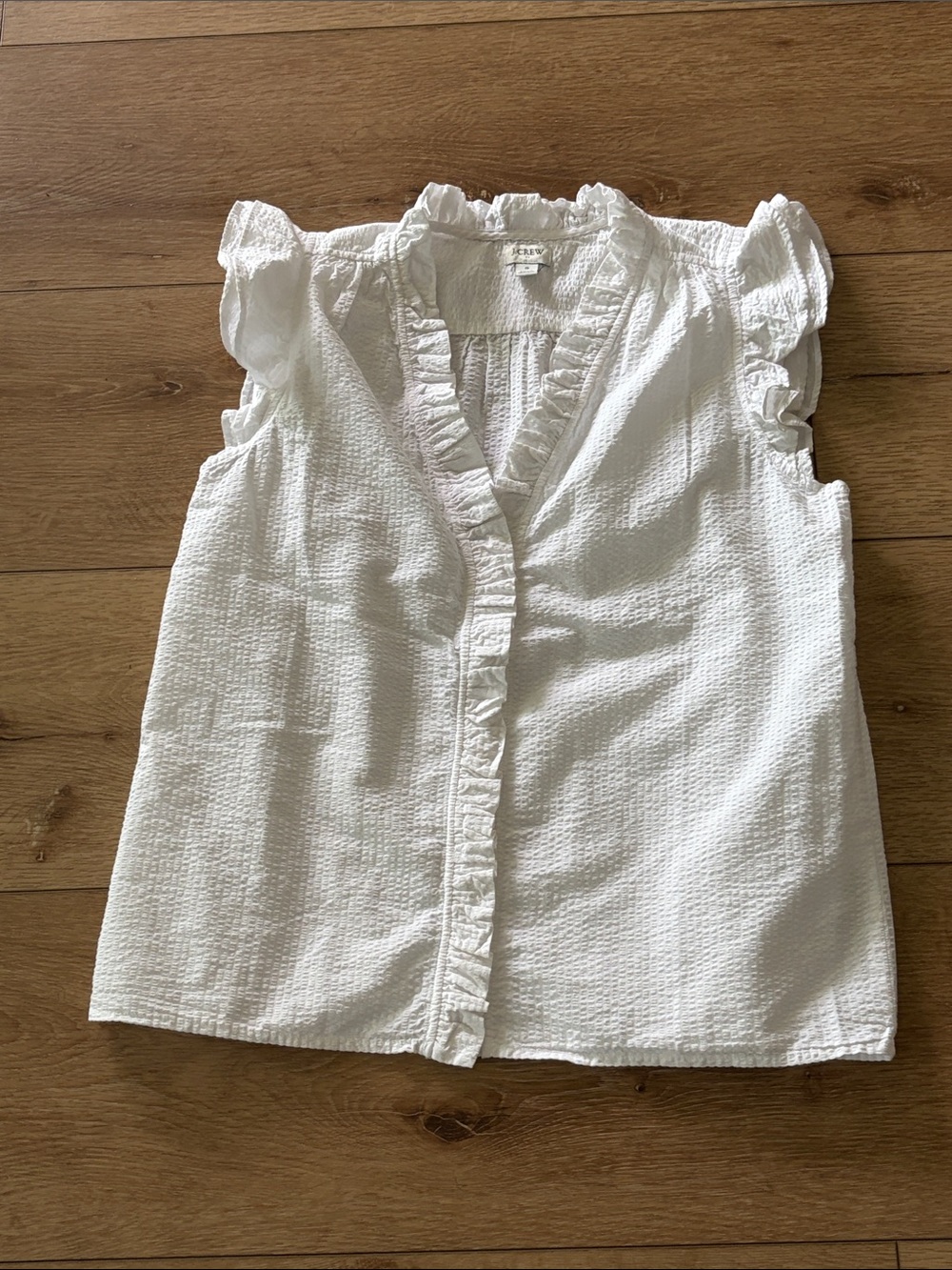 J Crew White Ruffle Sleeve Button-Front Top